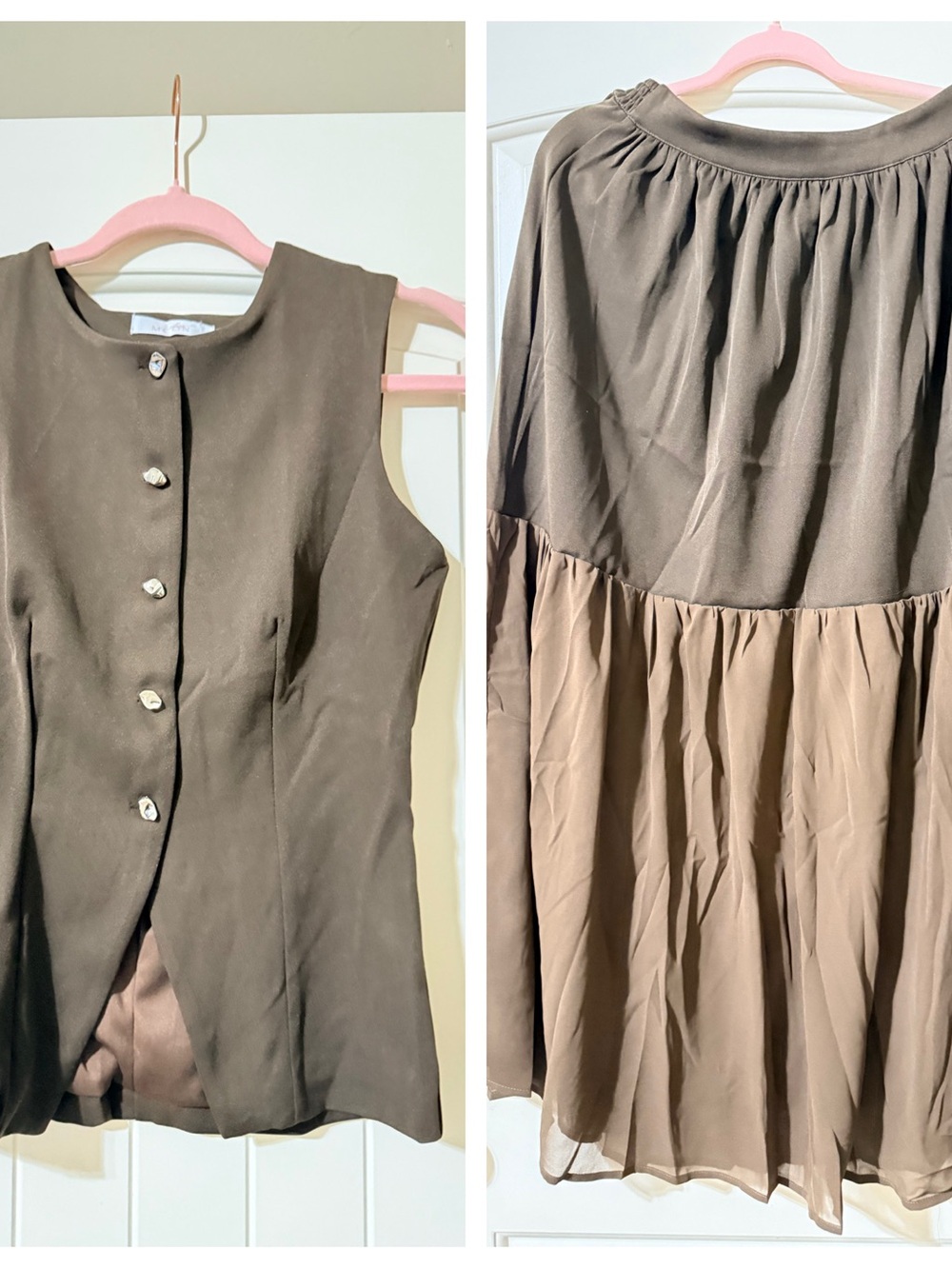 Two-Tone Midi Skirt and Vest in Olive Green and Light Brown. NWOT
